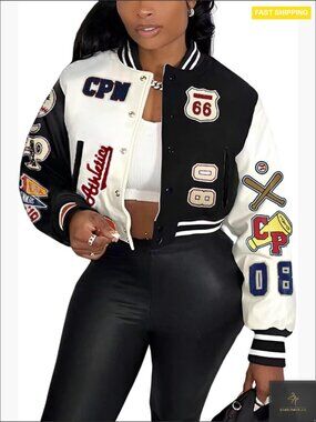 Cropped Faux Leather Bomber Jacket with Patches Print Y2K Street Style